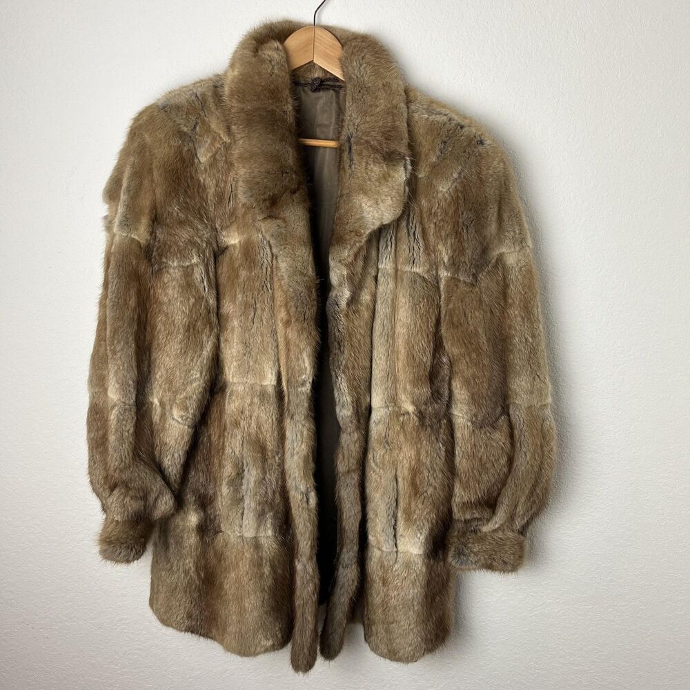 Fur Coat Womens Brown Real Fur Hook Eye Lined Made in Greece Repair As Is​